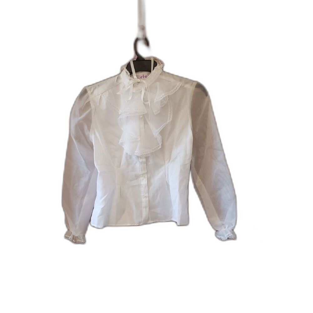 Japanese Princess Style Blouse White High Neck Lace Chiffon Union Label VTG M/L